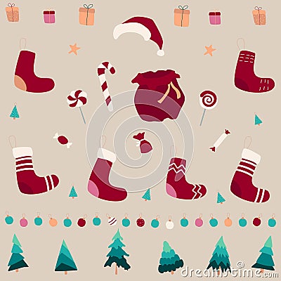 A set of Christmas attributes. For background, postcards, holiday cover. Christmas trees and toys, socks and sweets. Vector Illustration