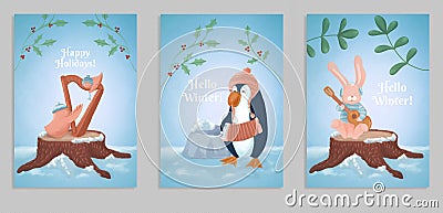 Set of 3 Christmas backgrounds with winter animals playing musical instruments in nature. Winter fun hand-painted illustrations Cartoon Illustration