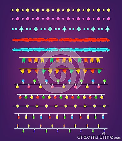 Set of Christmas borders, strings, garlands, brushes. Party decoration Vector Illustration