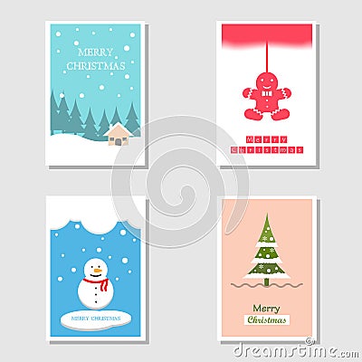 Set of Christmas Card and Invitation Card in Flat Design using Christmas tree, hanging gingerbread, snowman and snowfall Vector Illustration