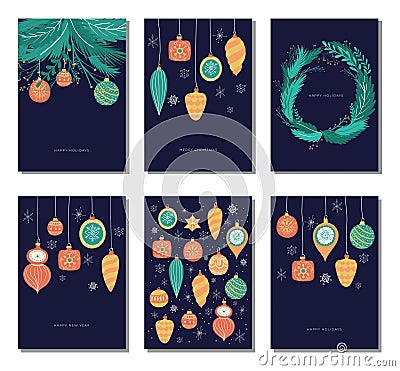 Set of christmas cards with christmas tree decoration Vector Illustration