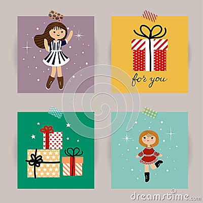 Set of Christmas cards. Vector illustrations of Christmas attributes. Illustration for kids poster, postcard, cover. Vector Illustration