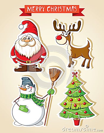 Set of Christmas cartoon stickers Vector Illustration