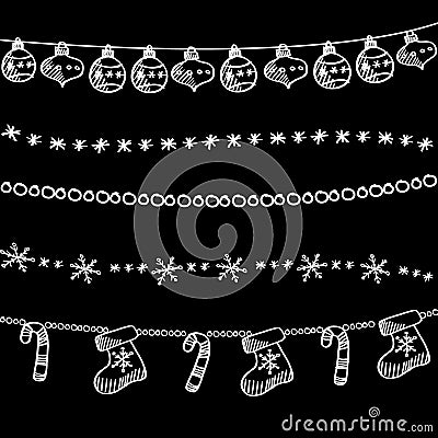 Set of christmas chalk doodle garlands, dividers on blackboard Vector Illustration