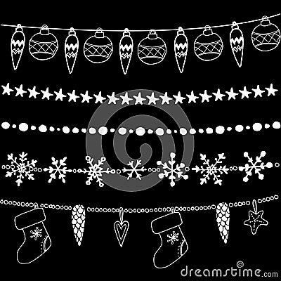 Set of christmas chalk doodle garlands, dividers, s Vector Illustration