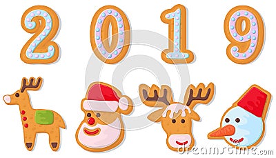 Set of christmas cookies. Set of different gingerbread cookies for christmas. New Year gingerbread in the form of Christmas Vector Illustration