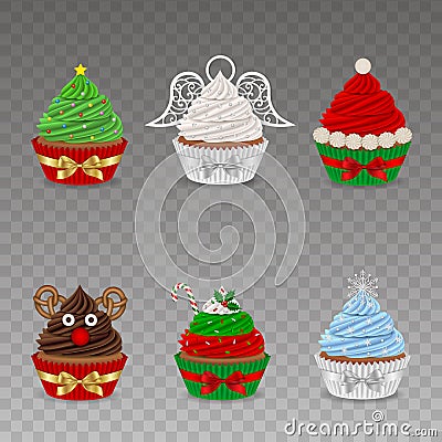 Set of christmas cupcakes with bows Vector Illustration