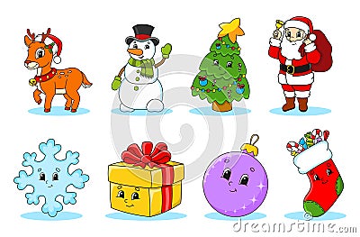 Set of christmas cute cartoon characters. Deer, snowman, tree, santa claus, snowflake, gift, bauble, sock. Happy New Year. Winter Vector Illustration