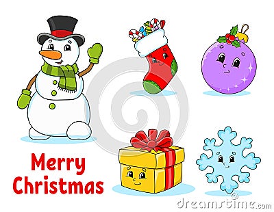 Set of christmas cute cartoon characters. Snowman, sock, bauble, gift, snowflake. Happy New Year. Hand drawn elements. Winter Vector Illustration