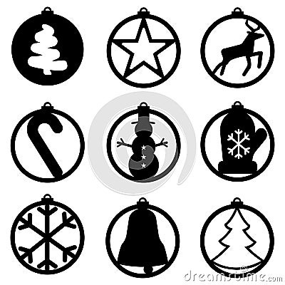 Set of Christmas decoration: bell, xmas tree, snowman, snowflake, candy, ball. Template for laser cutting, wood carving Vector Illustration