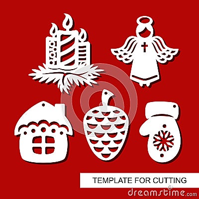 Set of christmas Decoration - silhouettes of Angel, candles, pine cone, mitten, hut small house. Cartoon Illustration