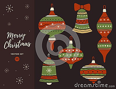 Set of Christmas decorations bells and balls with bows. Vector Illustration