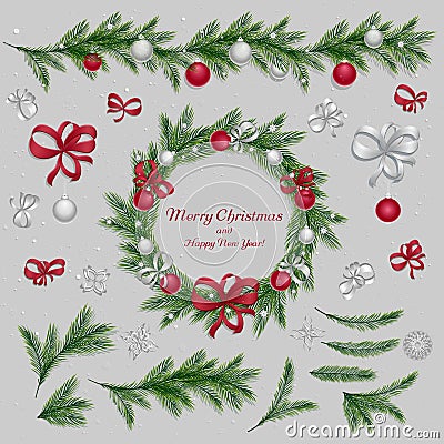 Set of christmas decorations. Red and silver colors Vector Illustration