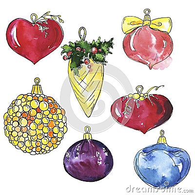 Set of christmas decorative balls. Watercolor and ink sketch. Cartoon Illustration