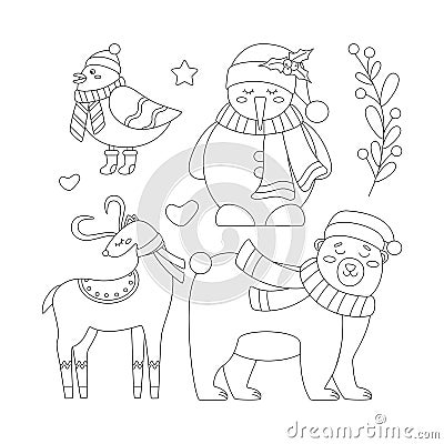 Set of Christmas deer, bear, bird, snowman in a scarf and hat with a sprig of mistletoe and berries Vector Illustration