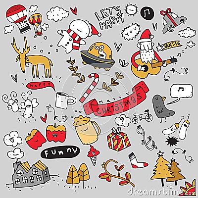 Set of Christmas design element in doodle style Vector Illustration