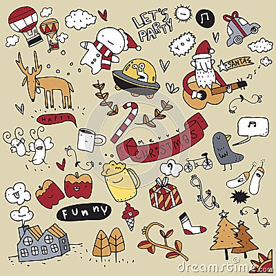 Set of Christmas design element in doodle style Vector Illustration