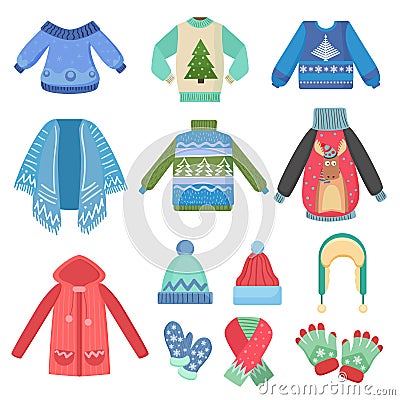 Set of christmas design warm winter clothes. Scarf, winter hat, coat and hats, jacket and gloves. Winter fashion vector Vector Illustration