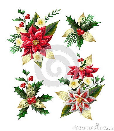 Set of Christmas flowers bouquets with golden elements. Vector. Vector Illustration