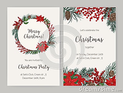 Set of Christmas flyer or party invitation templates decorated with coniferous tree branches and cones, holly leaves and Vector Illustration