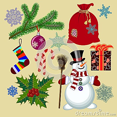 Set of Christmas with funny snowman and Christmas decorations an Vector Illustration