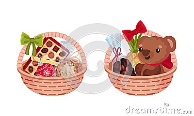 Set of Christmas gift baskets with tasty sweets and teddy bear toy vector illustration Vector Illustration
