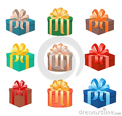 Set of christmas gifts boxes in holiday packages with bowknots. Christmas holiday presents realistic design. Vector Illustration