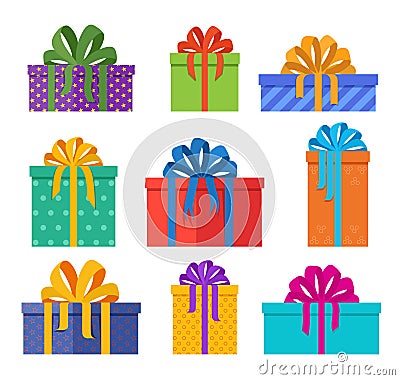 Set of christmas gifts boxes in holiday packages with colored bowknots. Christmas presents designed in flat style. Vector Illustration