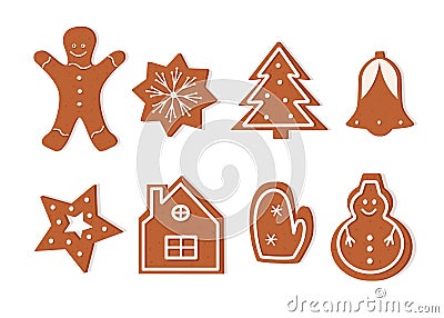 A set of Christmas gingerbread cookies of different shapes. Delicious New Year`s dessert, festive curly cookies with icing Vector Illustration