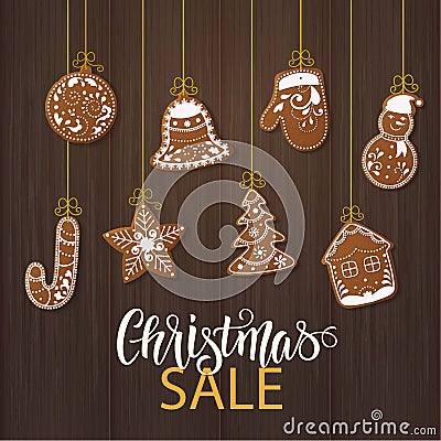 Set of christmas gingerbread decorated cookies. Christmas tree, snowflakes, gifts. Winter holidays Vector Illustration