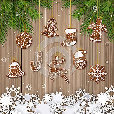 Set of christmas gingerbread decorated cookies. Christmas tree, snowflakes, gifts. Winter holidays. Vector Illustration