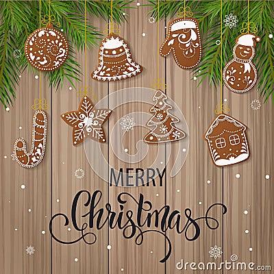 Set of christmas gingerbread decorated cookies. Christmas tree, snowflakes, gifts. Winter holidays. Vector Illustration