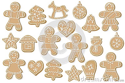 Set of Christmas gingerbread. sweet cookies in the form of a man, at home, snowman, heart and other items. delicious baking for Vector Illustration