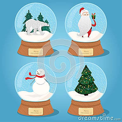 Set of Christmas glass balls with snow Vector Illustration