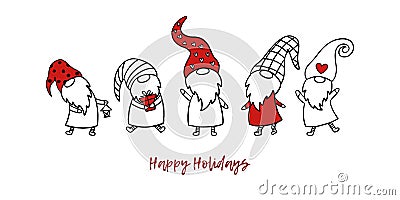 Set of 5 Christmas gnomes Vector Illustration
