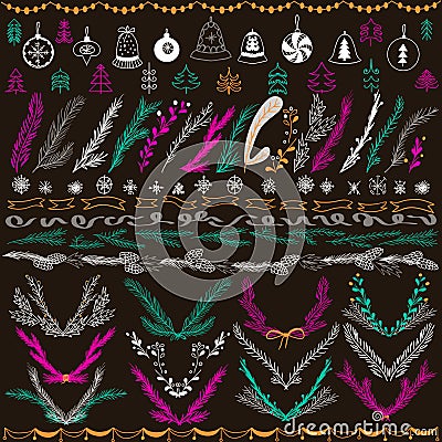 Set of Christmas Hand Drawn Floral Vector Set. Design Elements, Decoration, Ribbons, Laurel, Labels, Wreath and Holidays Cartoon Illustration