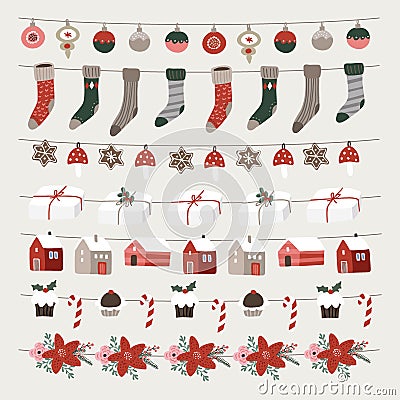 Set of Christmas holiday decorative borders, strings. Party decoration banners. Christmas ornamnets, balls, Santas socks Vector Illustration