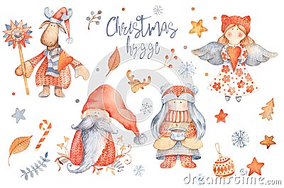 Set of Christmas Hygge Cute cartoon characters - gnome, girl wit Stock Photo