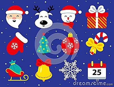 Set of Christmas icons in flat style on blue Vector Illustration