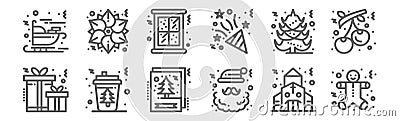 Set of 12 christmas icons. outline thin line icons such as gingerbread man, santa claus, coffee, christmas tree, window, flower Vector Illustration