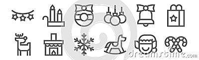 Set of 12 christmas icons. outline thin line icons such as candy cane, rocking horse, fire place, bell, christmas wreath, candle Stock Photo