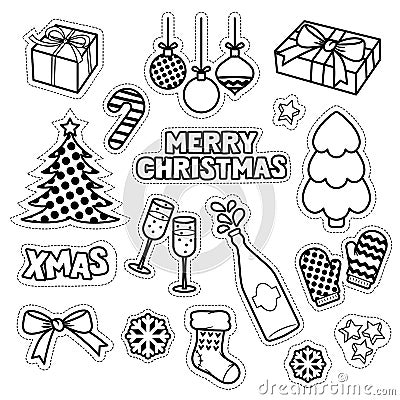 Set of Christmas icons, patches, badges, stickers, pins. Vector Illustration