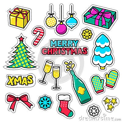 Set of Christmas icons, patches, badges, stickers, pins. Vector xmas gifts. Vector Illustration