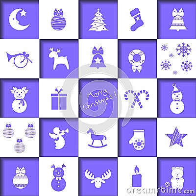 Set of christmas icons, christmas-tree decorations, patterns for greeting cards, flat vector illustration Cartoon Illustration