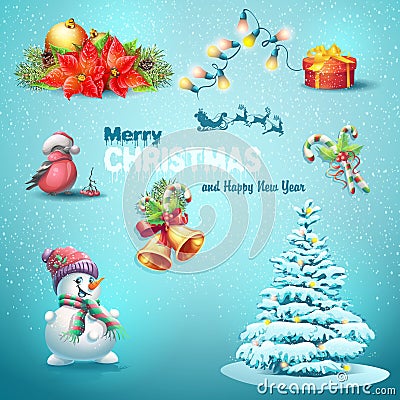 A set of Christmas items, Christmas tree, lanterns, candy, toys Vector Illustration