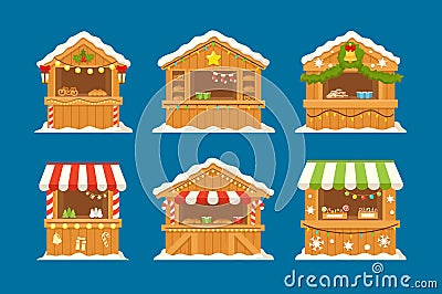 Set of Christmas Kiosk with Bakery, Sweets and Hot Drinks. Market Stalls with Xmas Food. Wooden Winter Decorated Houses Vector Illustration