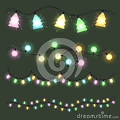 Set of christmas lamps garlands. Warm colour light Vector Illustration