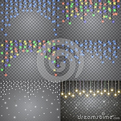 Set of christmas lights isolated realistic design elements.. Glowing lights for Xmas Holiday cards, banners, posters, web design. Vector Illustration