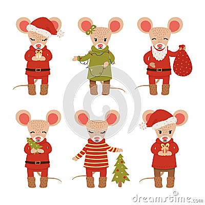 Set of Christmas mice isolated on white background. Cartoon characters. Vector illustration Vector Illustration