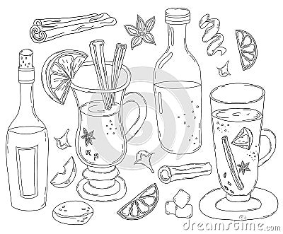 Set Christmas mulled wine. Glass and bottle of wine , orange slice, spices, cinnamon stick, cardamom, cloves and lemon Vector Illustration